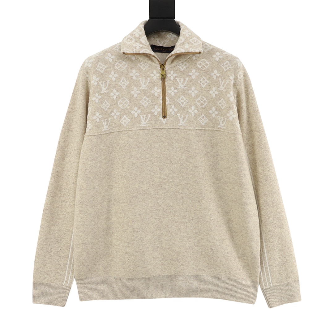 Old-fashioned stitched woolen sweater with semi-zippered stand-up collar