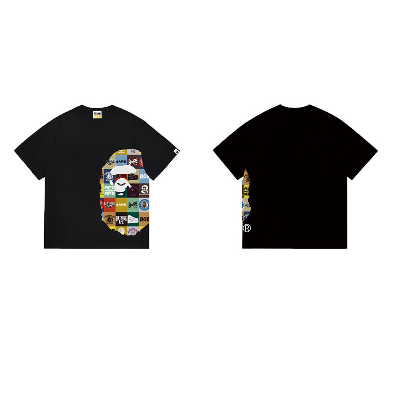 Interesting logo-patterned patchwork short-sleeved shirt