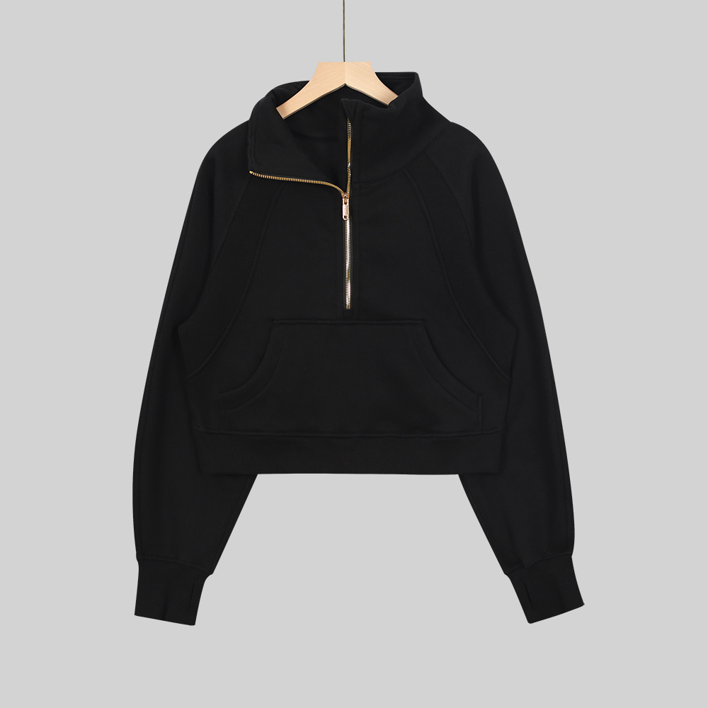 Black stand-up collar loose-fitting hoodie with golden half-zip front shirt