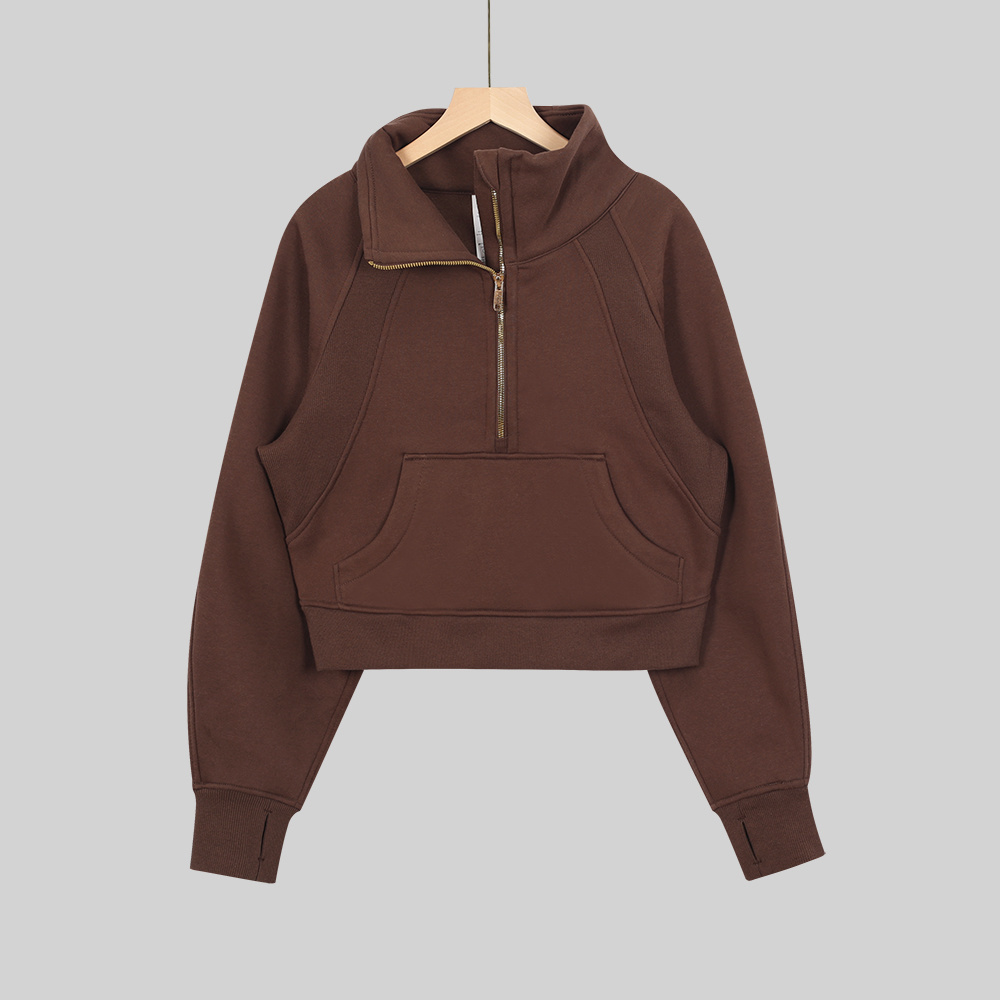 Brown button-down loose-fitting hoodie with golden half-zip front shirt