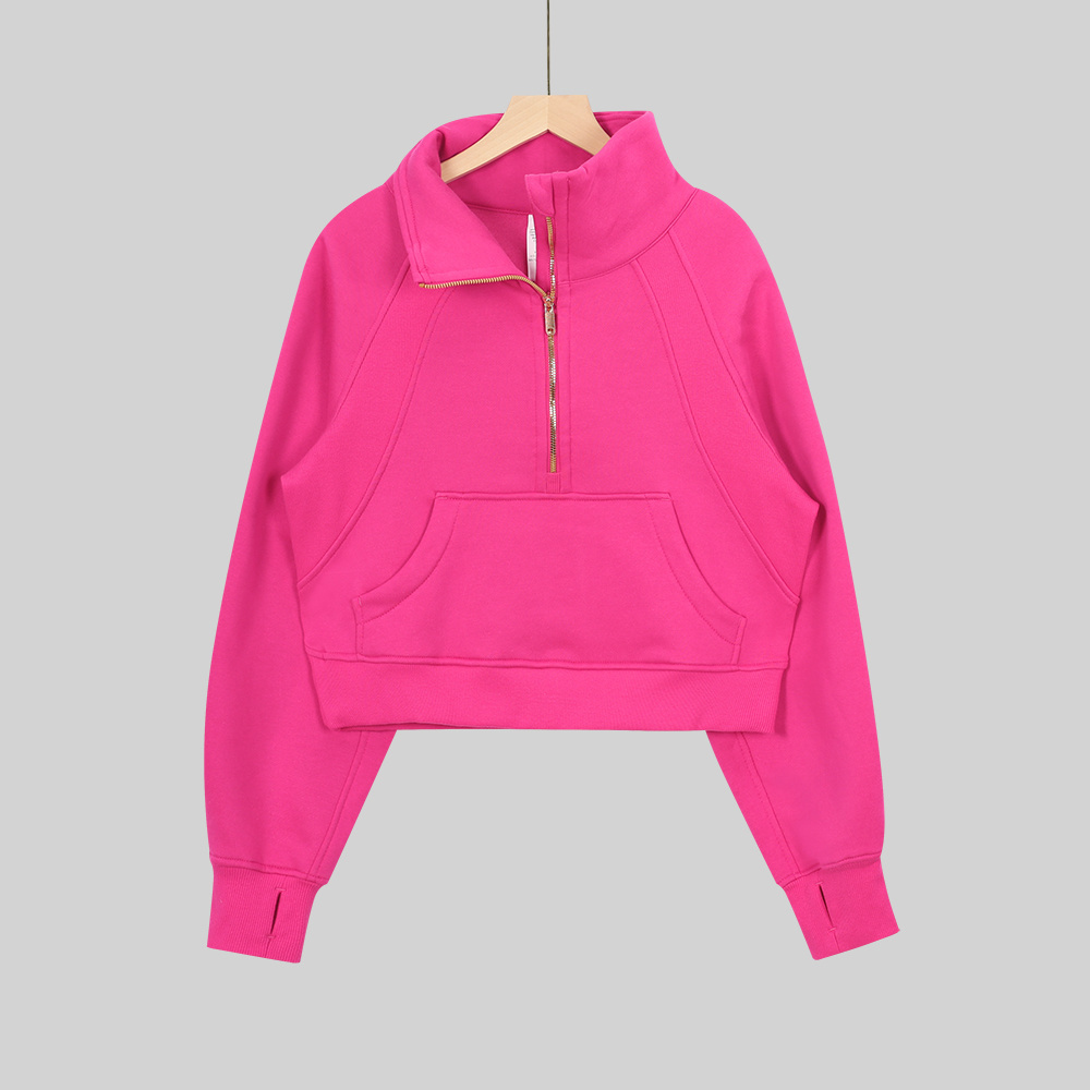 Magenta V-neck loose-fitting hoodie with golden half-zip front piece