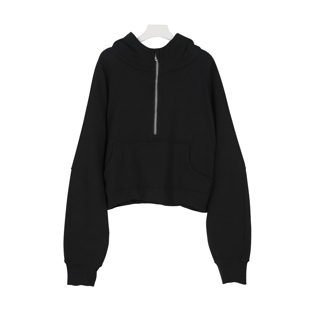 Black hooded loose-fitting pullover with half-zip front shirt