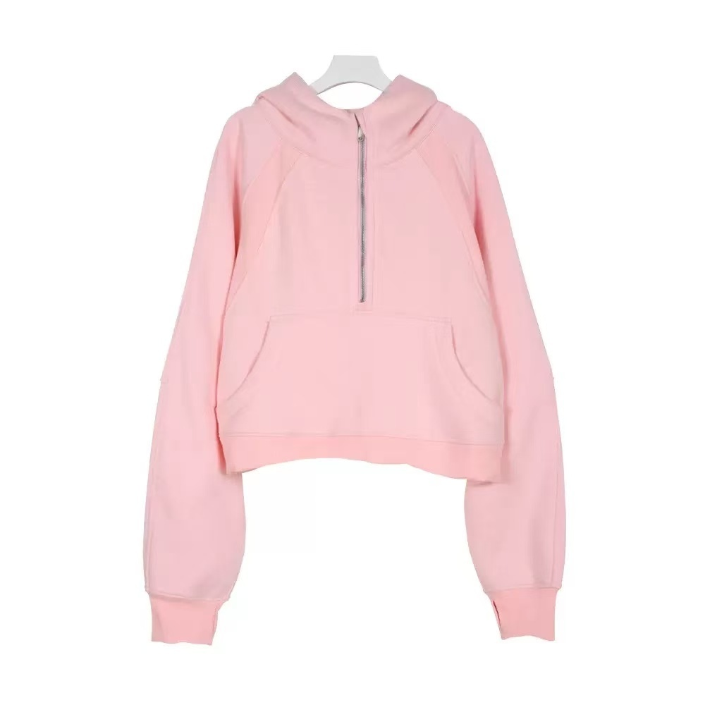 Pink hooded loose-fitting pullover with half-zip front shirt