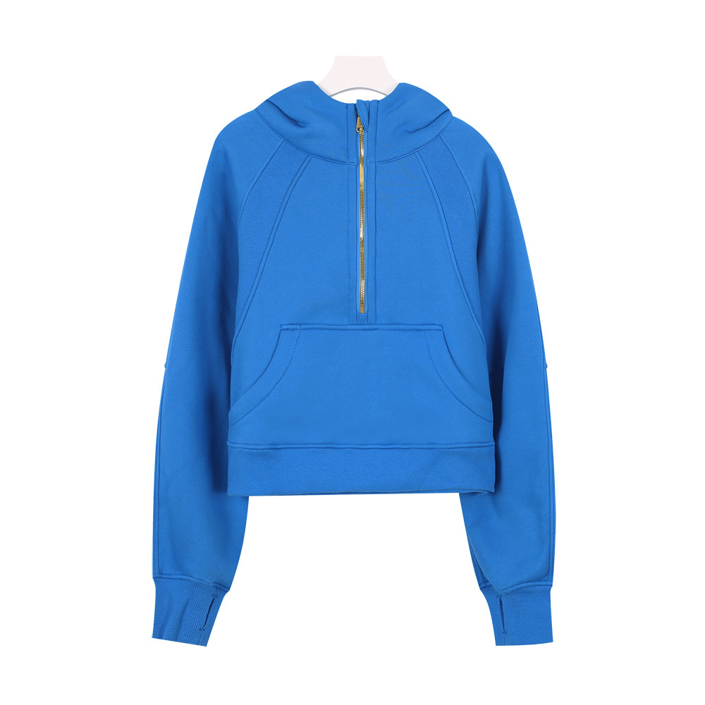 Blue hooded loose-fitting pullover with gold half-zip front shirt