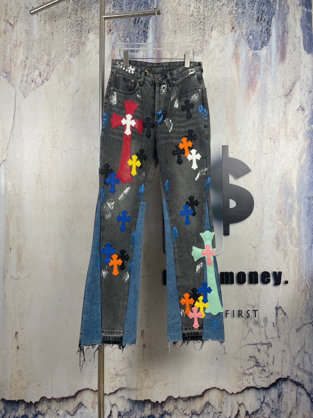 Limited edition colored leather cross-stitch hand-painted flared jeans