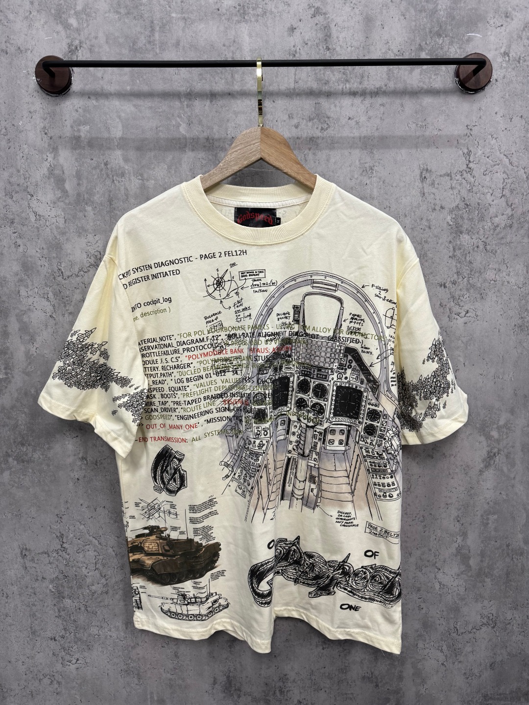 Eggshell-colored vintage-style historical poster print short-sleeved shirt