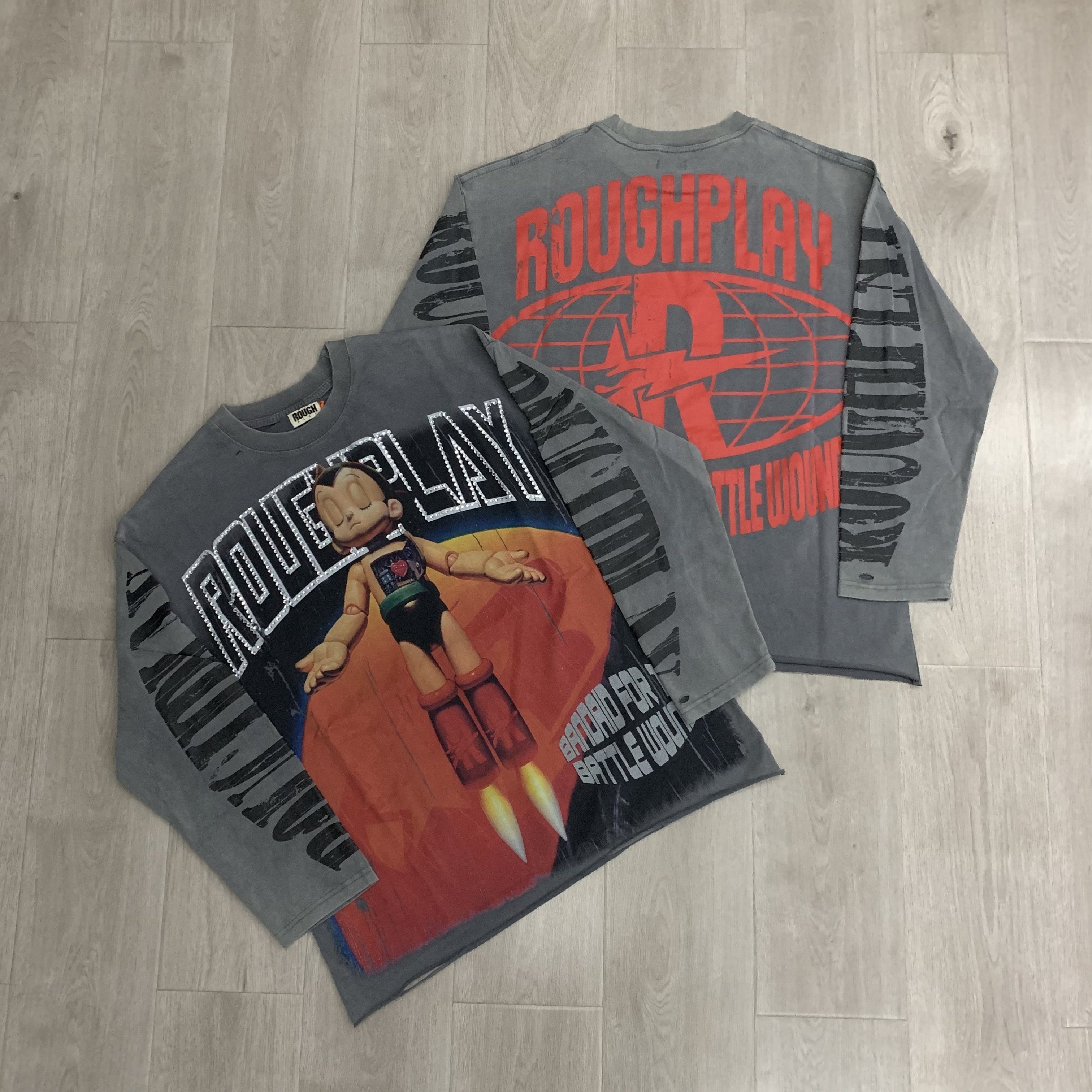 Grey washed latest trendy brand diamond-stamped long-sleeved T-shirt