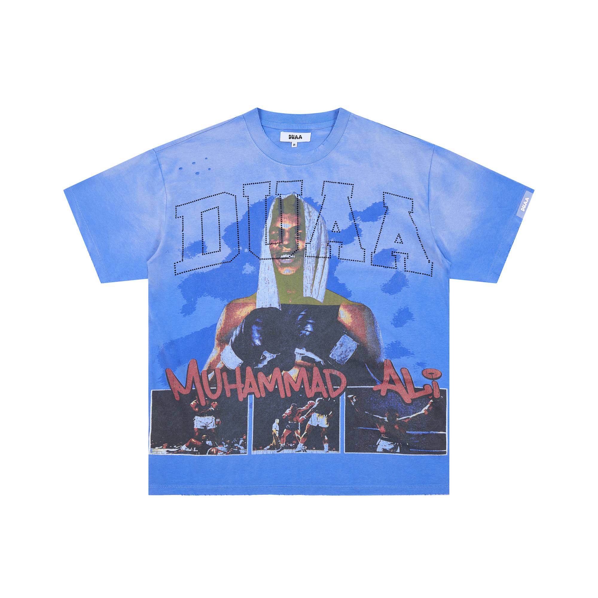 Latest trendy blue distressed printed short-sleeved T-shirt from Europe and America