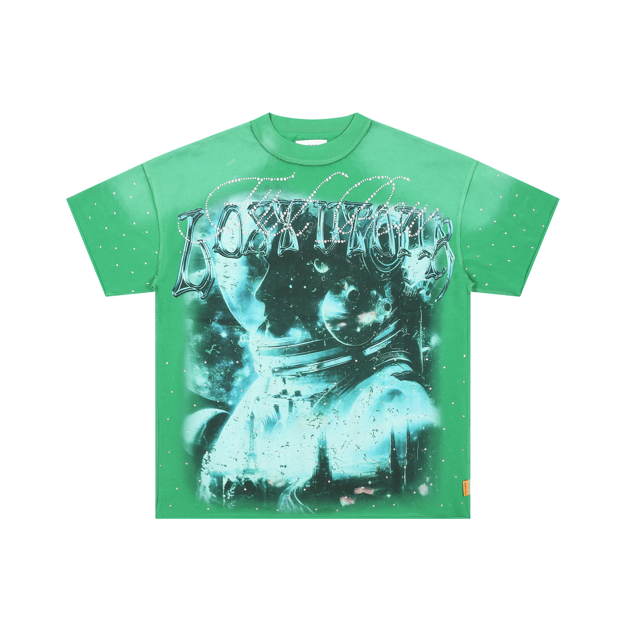 Waterfall reflecting futuristic technology, shiny diamonds, high-quality short-sleeved T-shirt