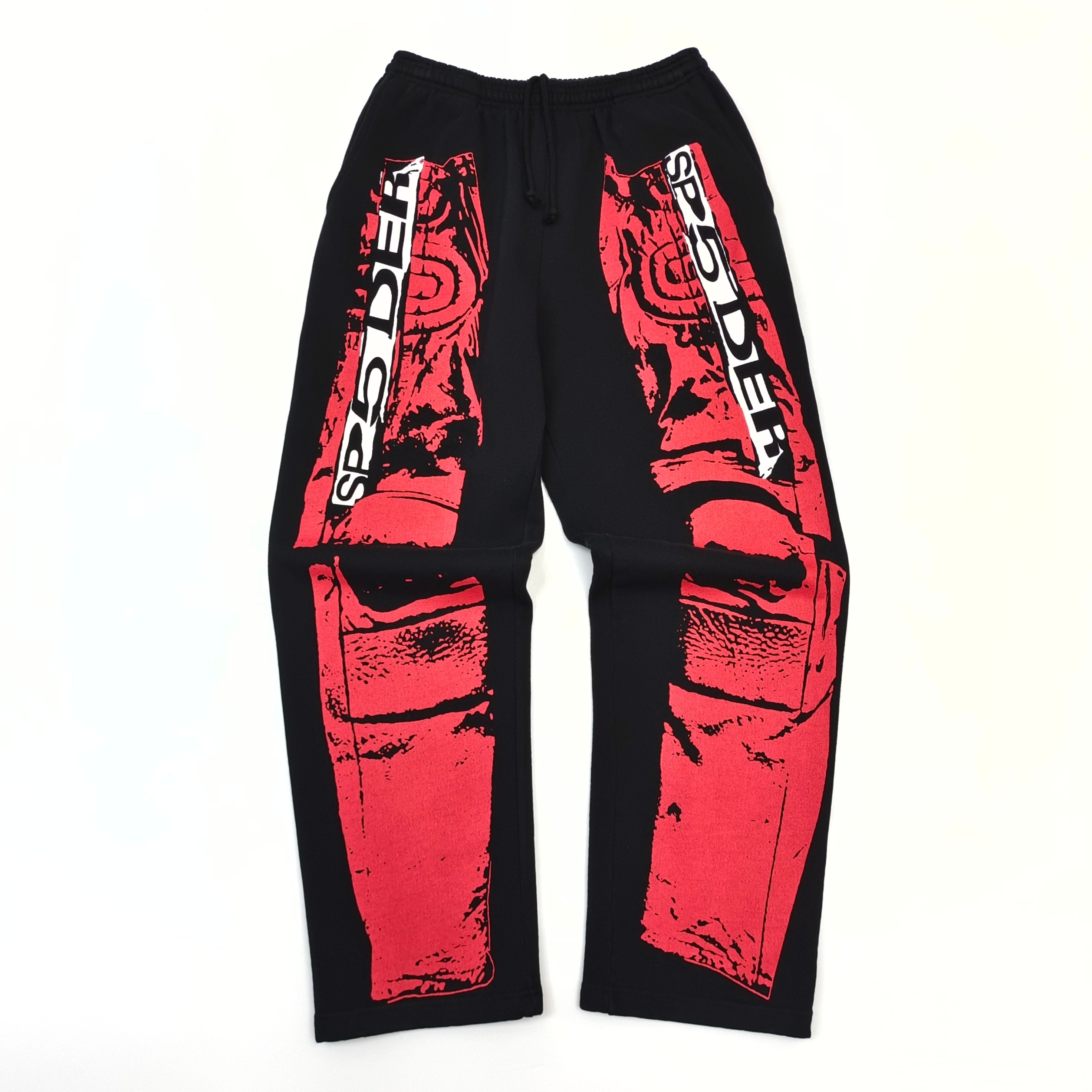 Red printed plant pattern black straight-leg pants