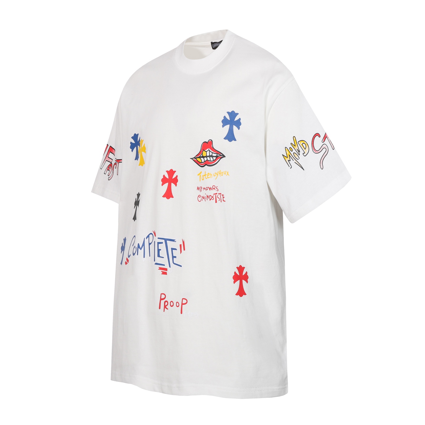 White Sanskrit graffiti cross-letter printed short-sleeved T-shirt