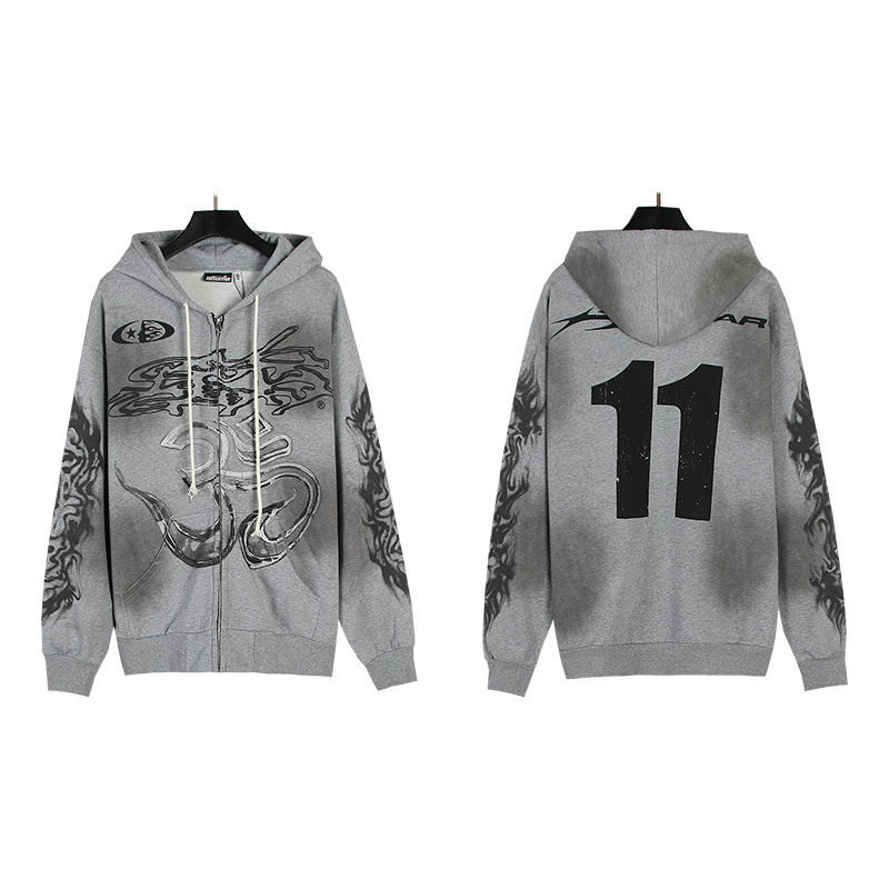Washed grey distressed patchwork high street hooded sweatshirt jacket