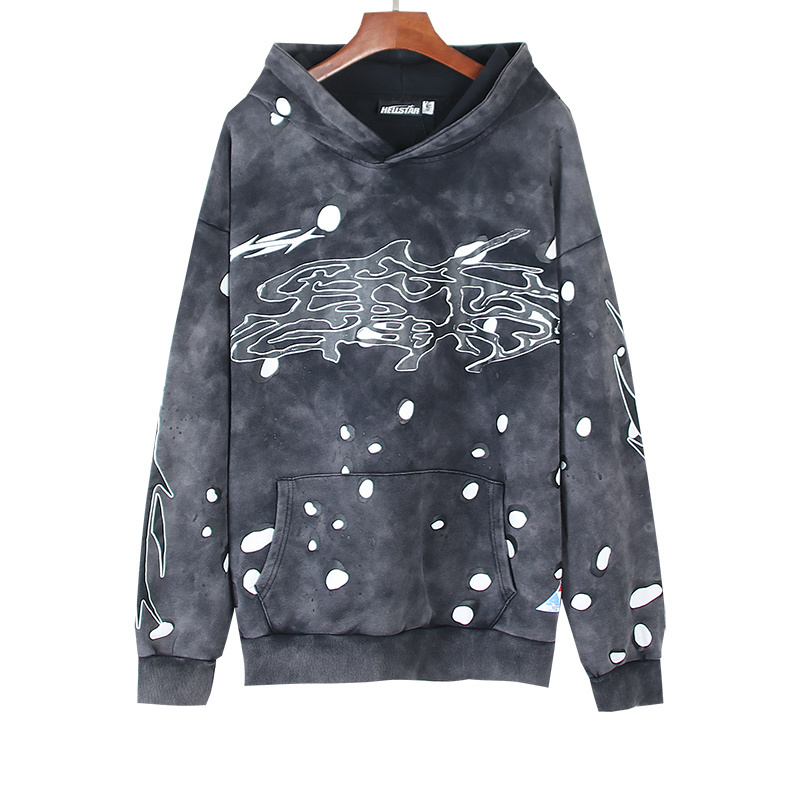 White water droplet print washed and aged woolen circle high street retro hooded sweatshirt