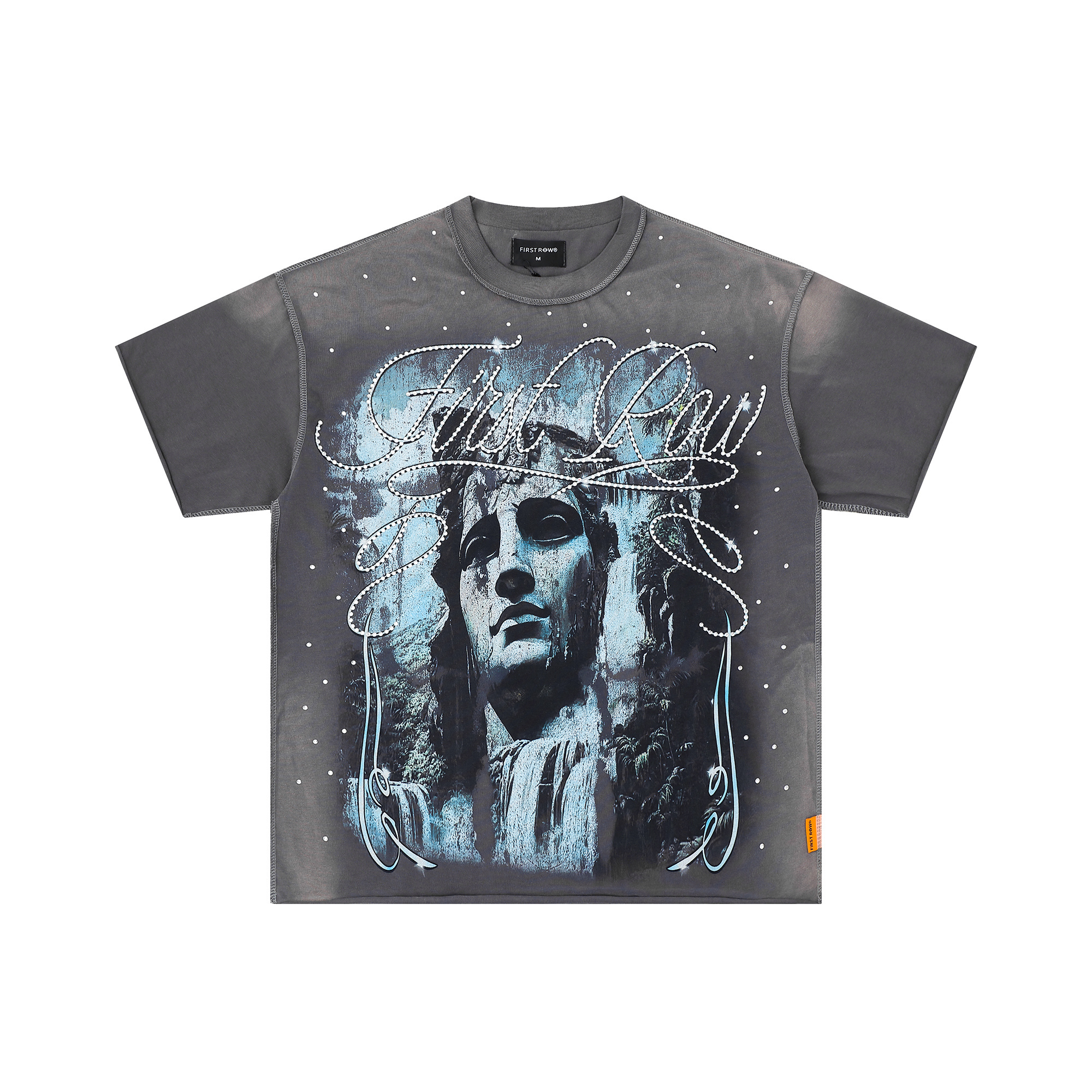 Blue mysterious patterned water-washed breathable sequined short-sleeved T-shirt