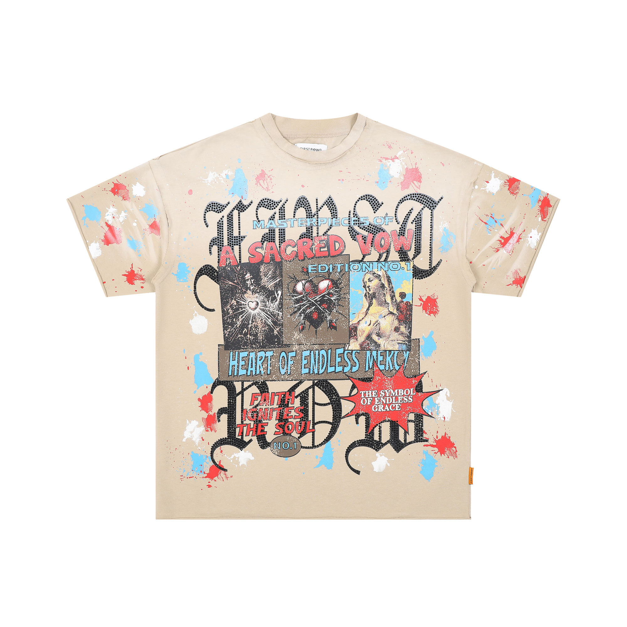 Eggshell gradient trend brand, rhinestone-studded, washed and aged pure cotton short-sleeved T-shirt