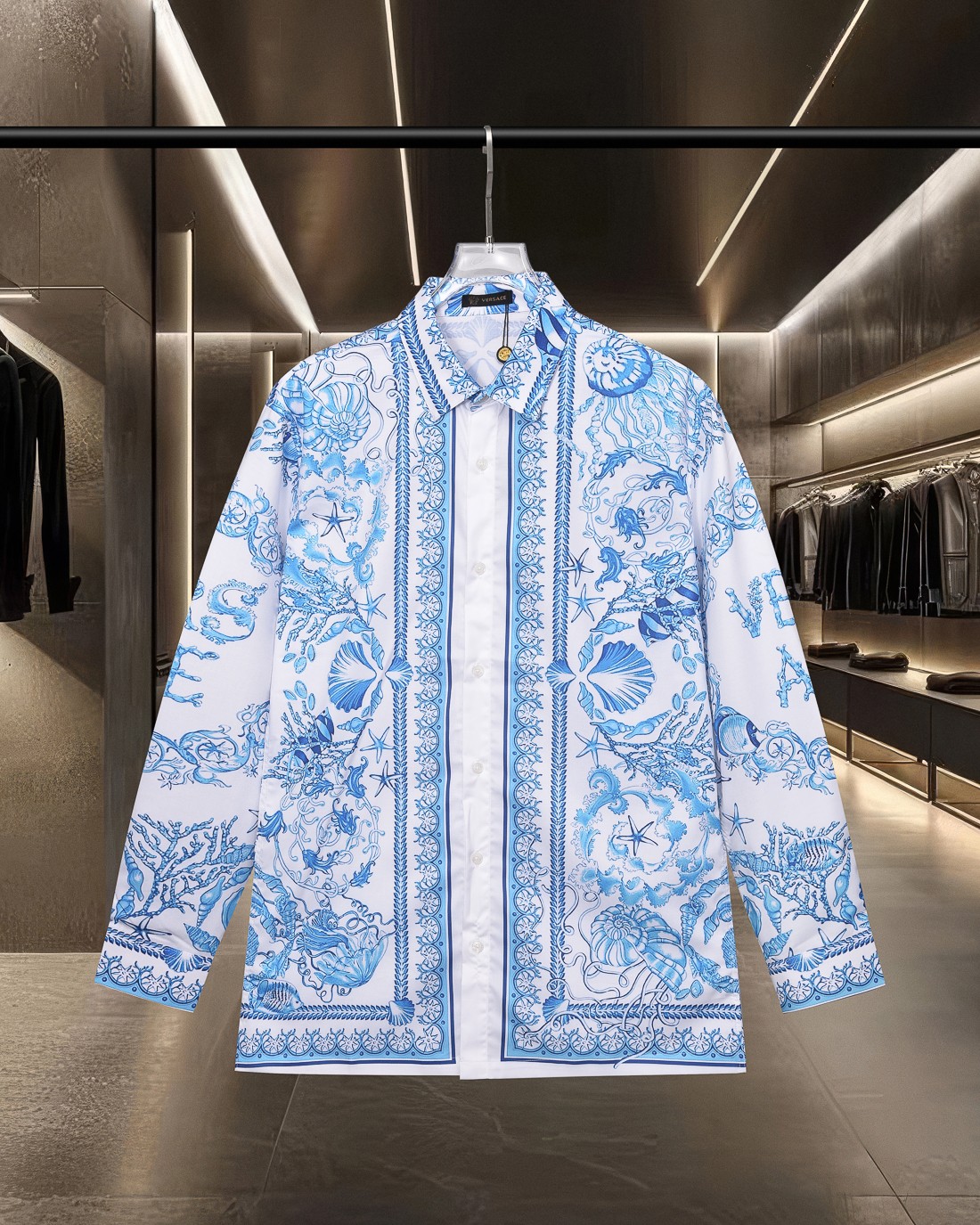 Sky blue Medusa court style digital printed long-sleeved shirt