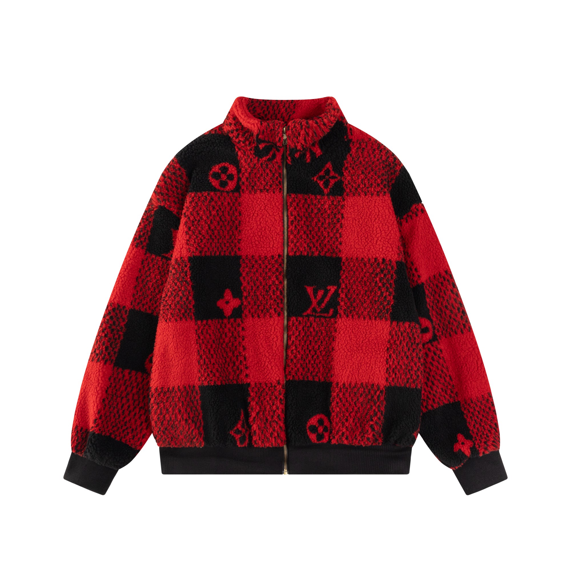Autumn and winter new style red and black color matching plush long-sleeved stand collar jacket