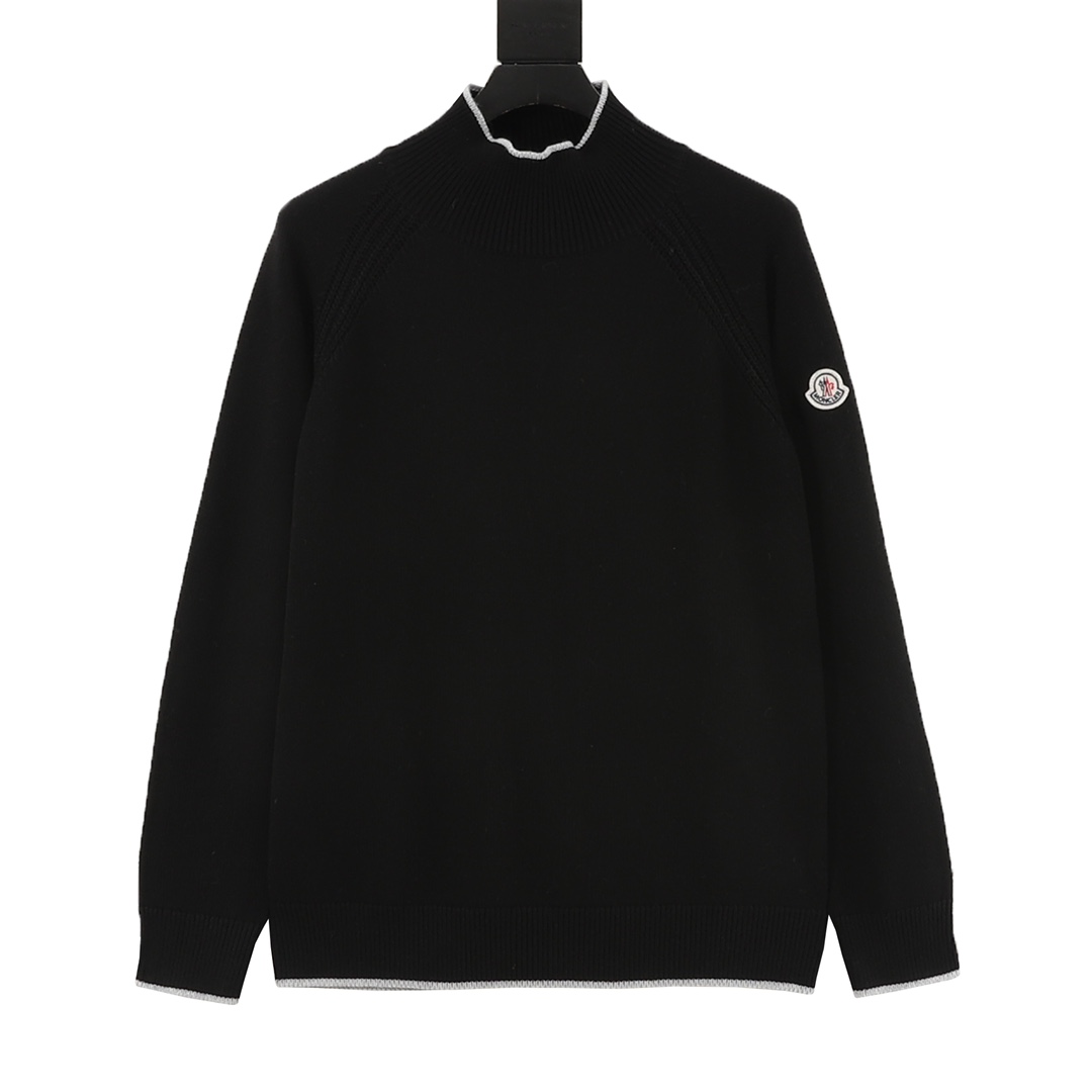 Open-weave knitted patchwork logo high-neck long-sleeved sweater