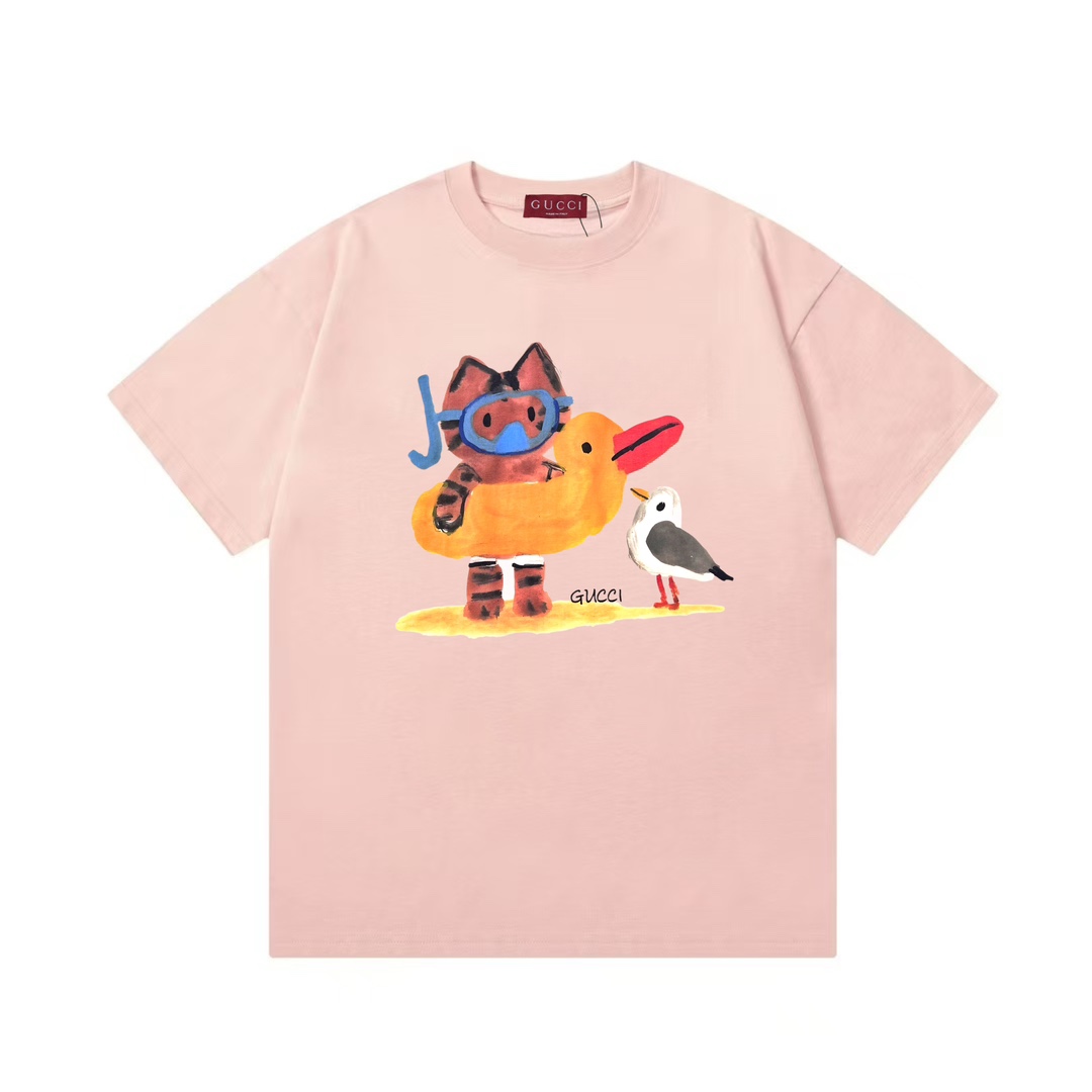 Pink digital printing fun cartoon logo men's and women's matching short-sleeved T-shirt