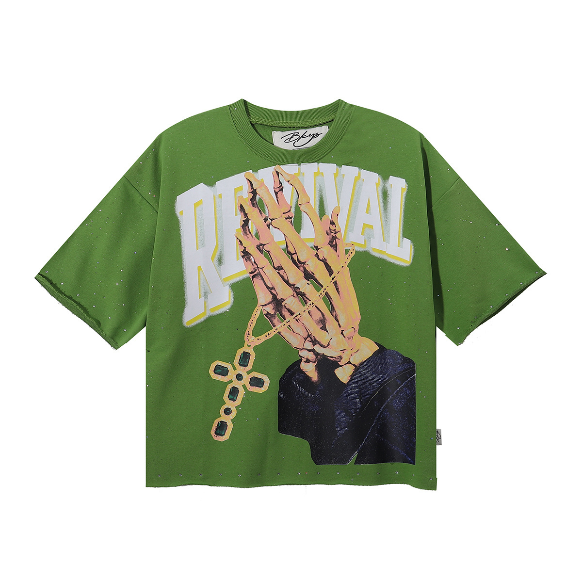 Green rhinestone designed cross-shaped necklace with cross-shaped pattern short-sleeved T-shirt