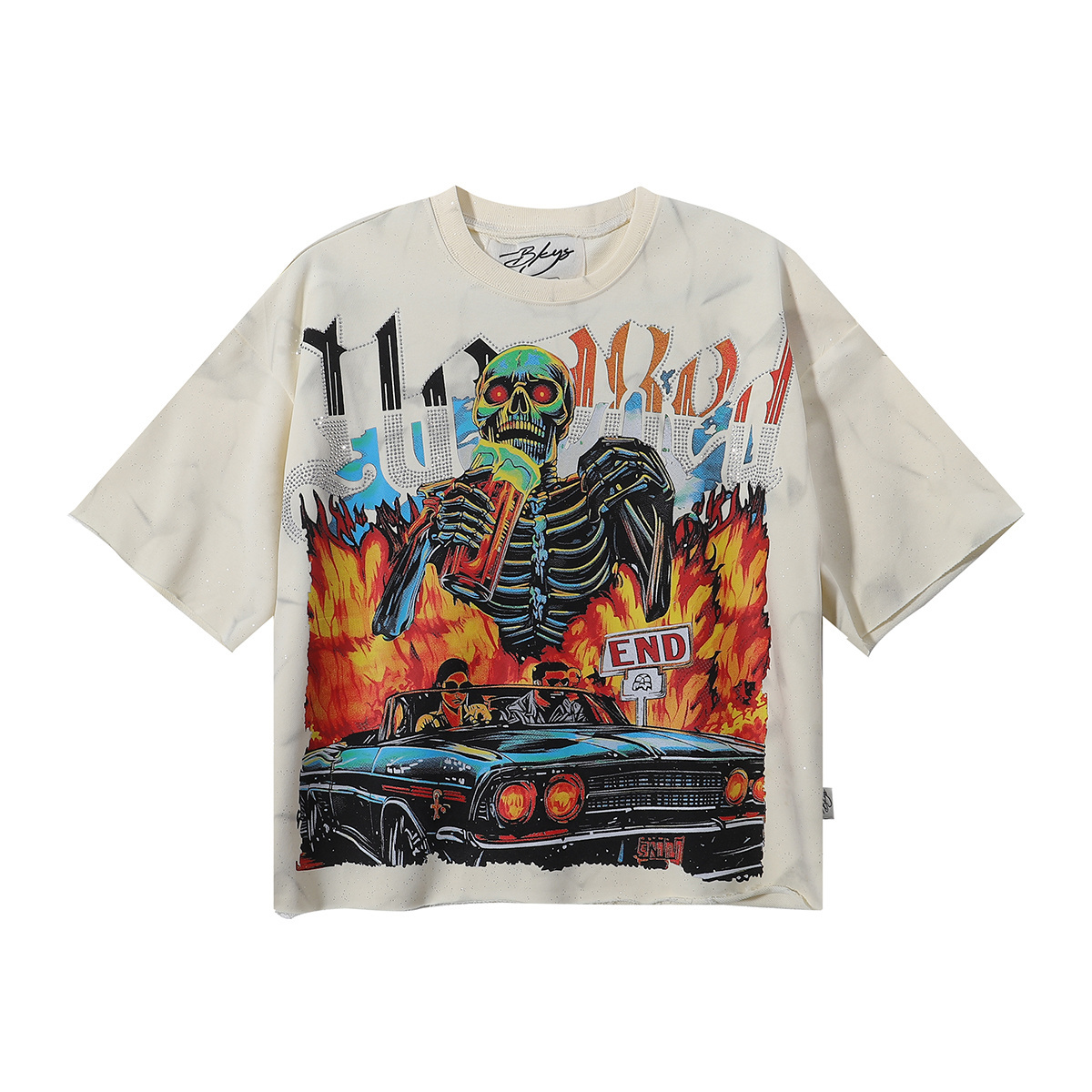 Chestnut-colored distressed rhinestone skull car print short-sleeved shirt
