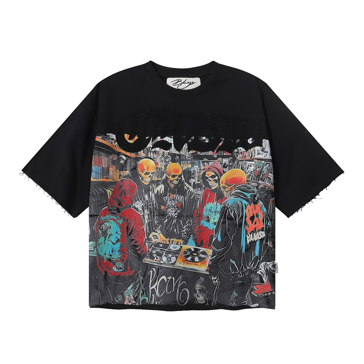 Black American Retro Record Skull Print Short Sleeve Shirt