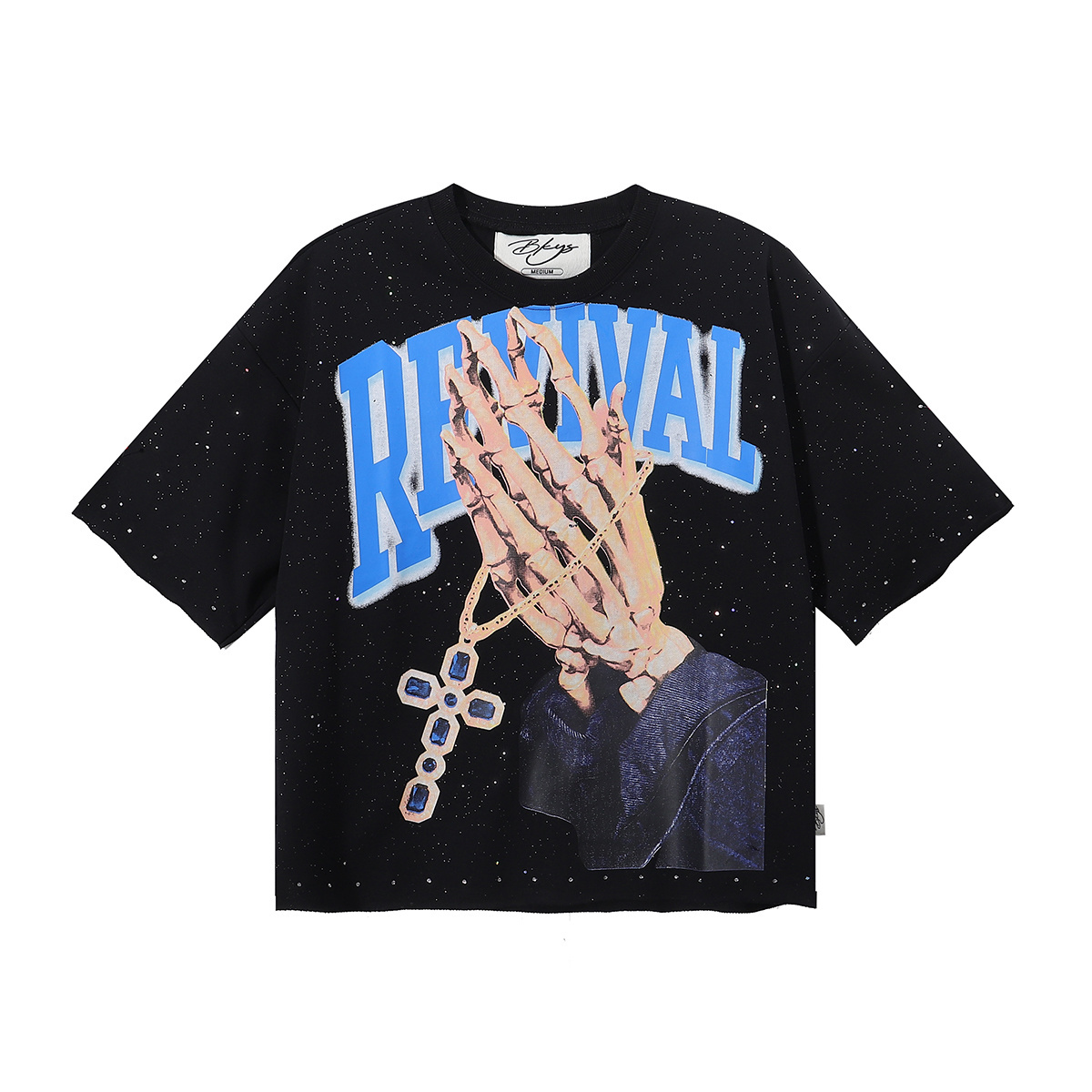 Black enamel-dazzled cross necklace printed short-sleeved T-shirt