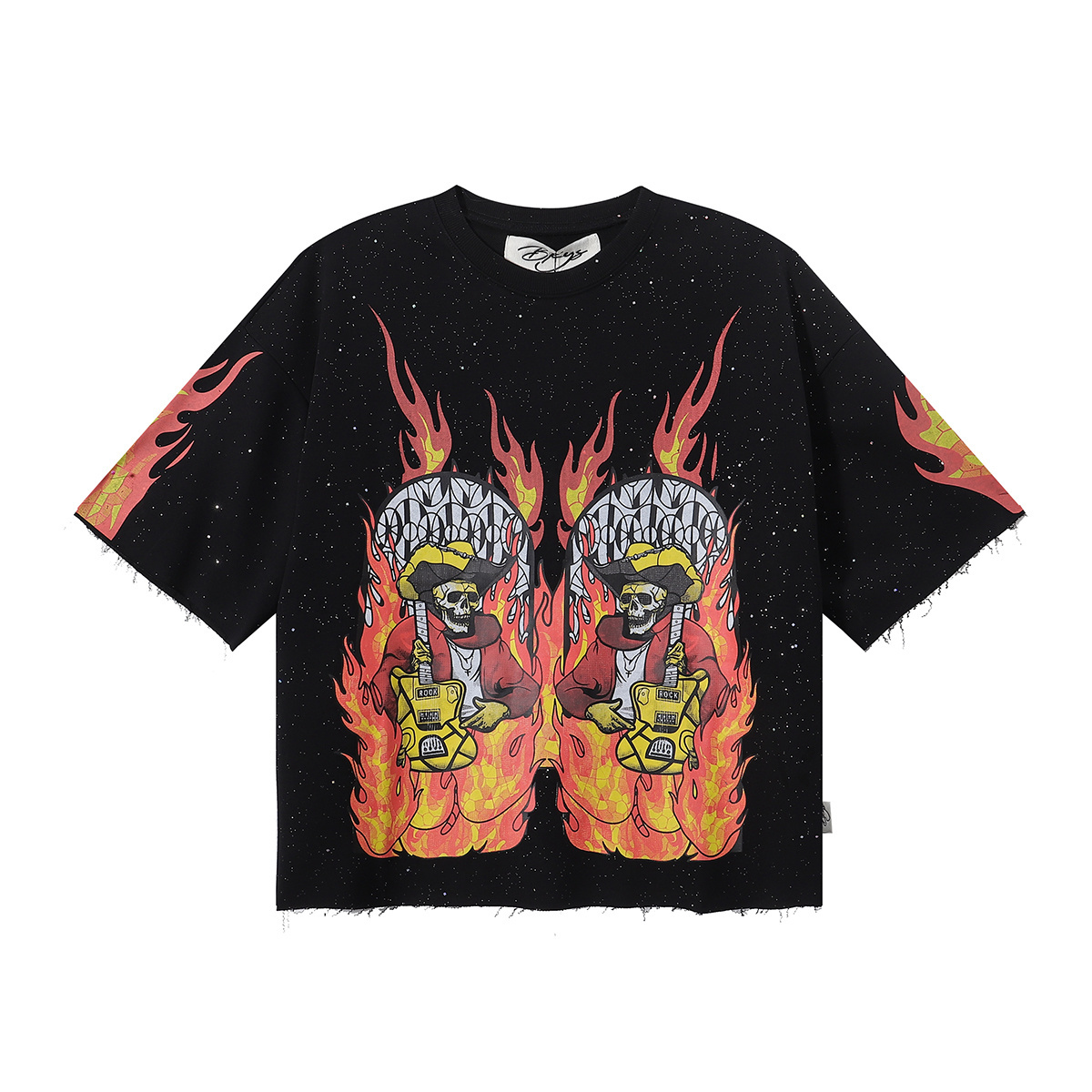Flame Skeleton Print Shimmering Powder Loose Short-Sleeved T-shirt