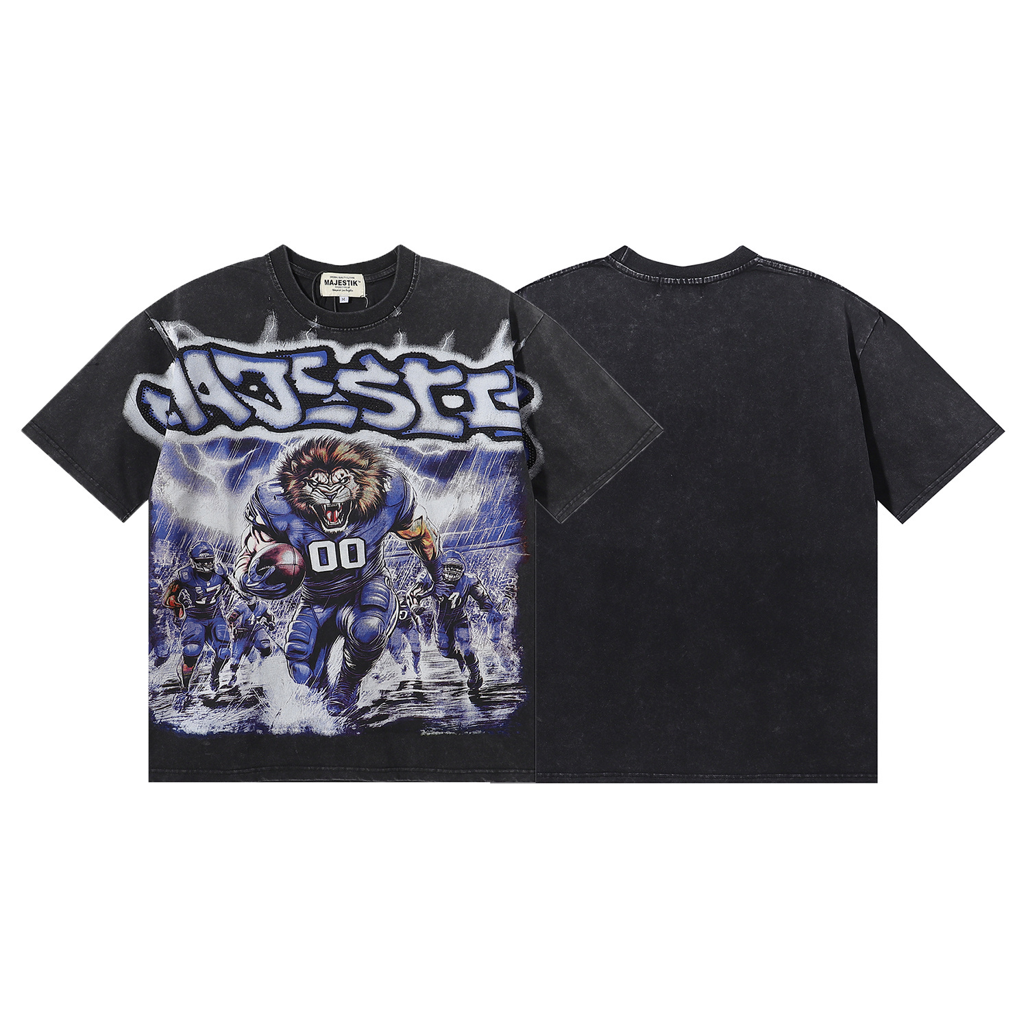 Vintage water-style lion athlete print short-sleeved shirt