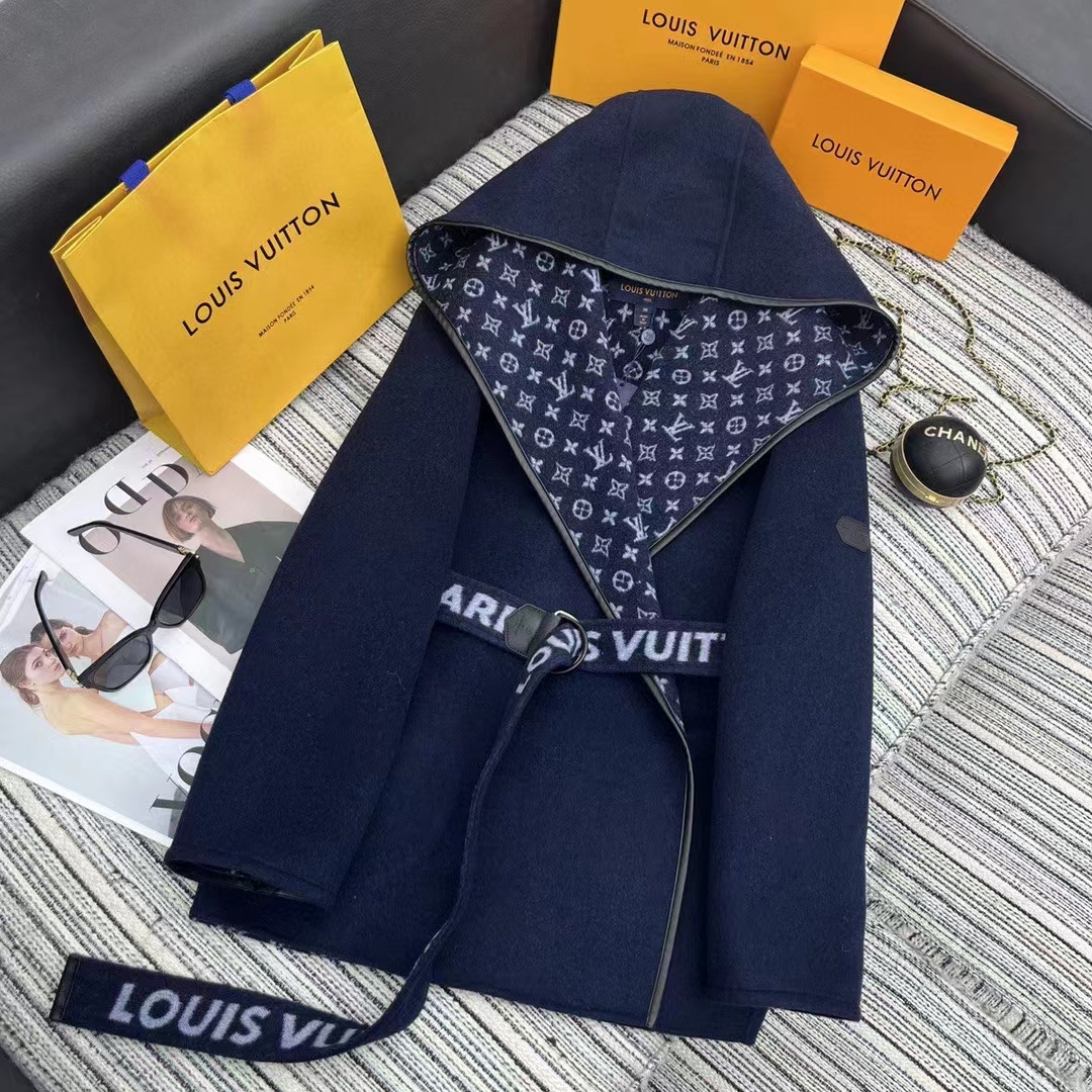 Louis Vuitton LV Women Signature Double Face Short Wrap Coat Wool Silk Blue Regular Fit