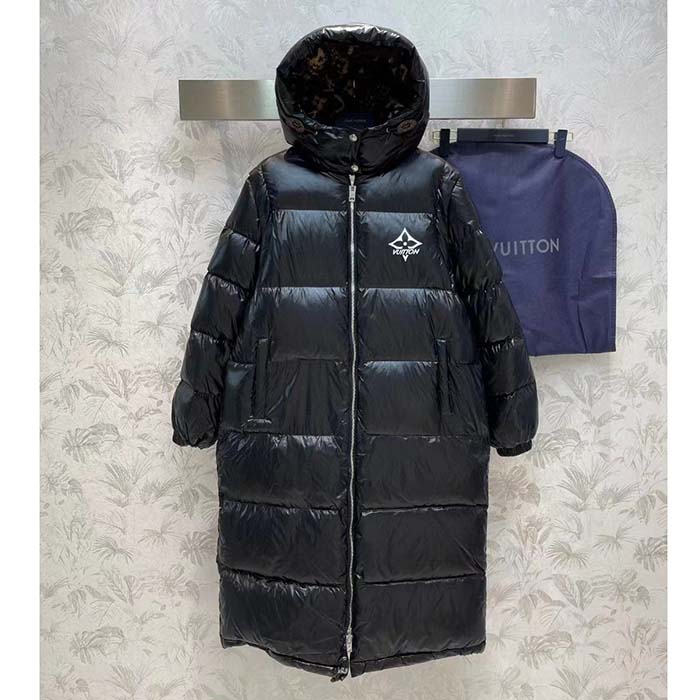 Louis Vuitton Men LV Glossy Long Puffer Coat Black Regular Fit Polyamide