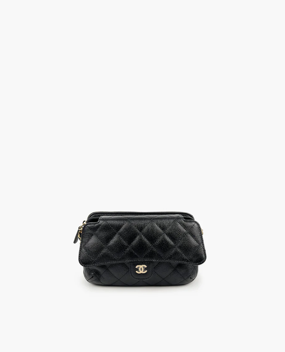 Chanel Printed Fabric Foldable Tote Bag With Chain Black Multicolor