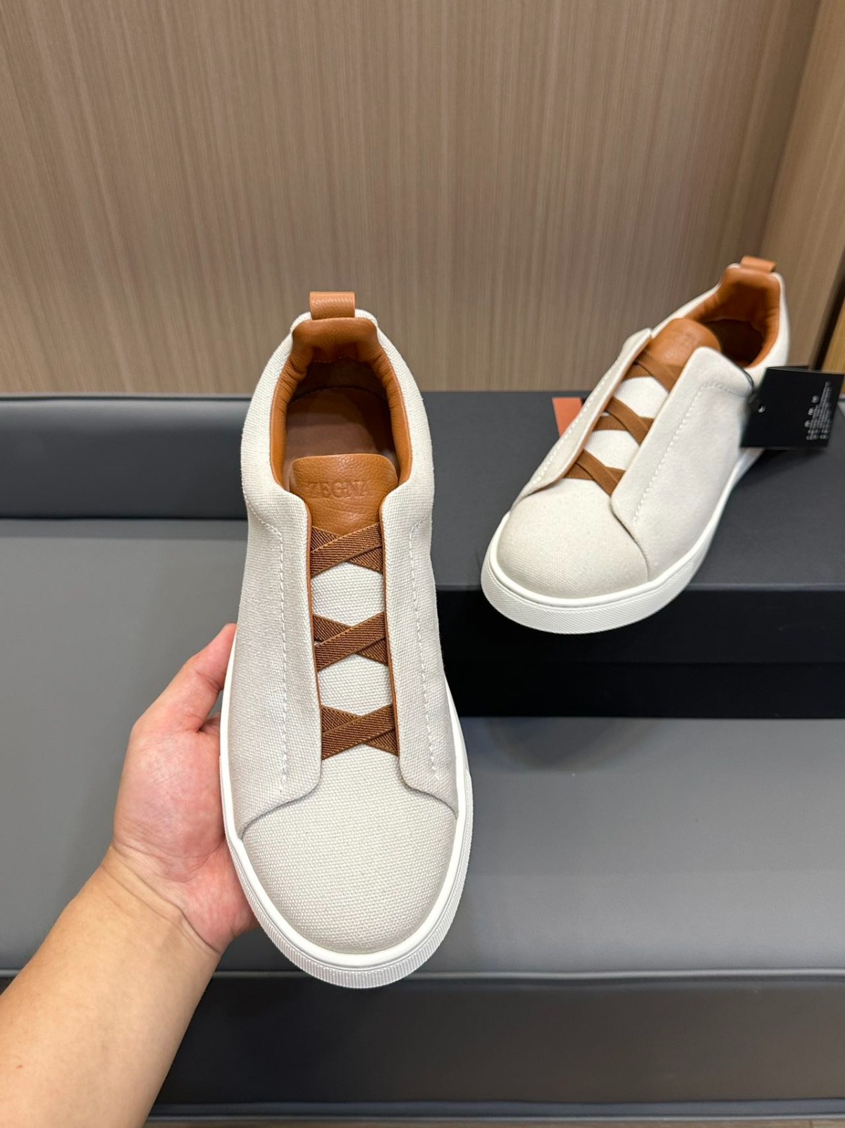 Zegna Shoes03 Triple Stitch Beige Canvas Slip-On Low-Top Sneakers