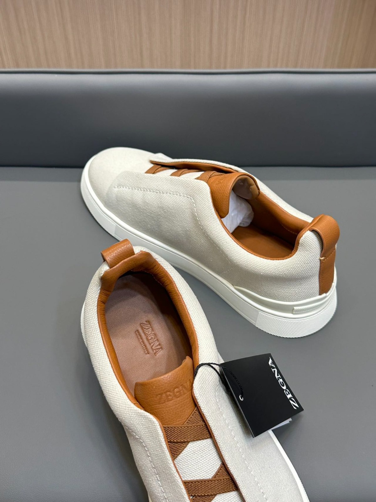 Zegna Shoes03 Triple Stitch Beige Canvas Slip-On Low-Top Sneakers