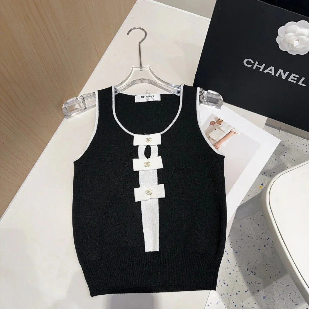 Chanel TANK TOP 610340 IN BLACK COTTON RIBBED WHITE BOW