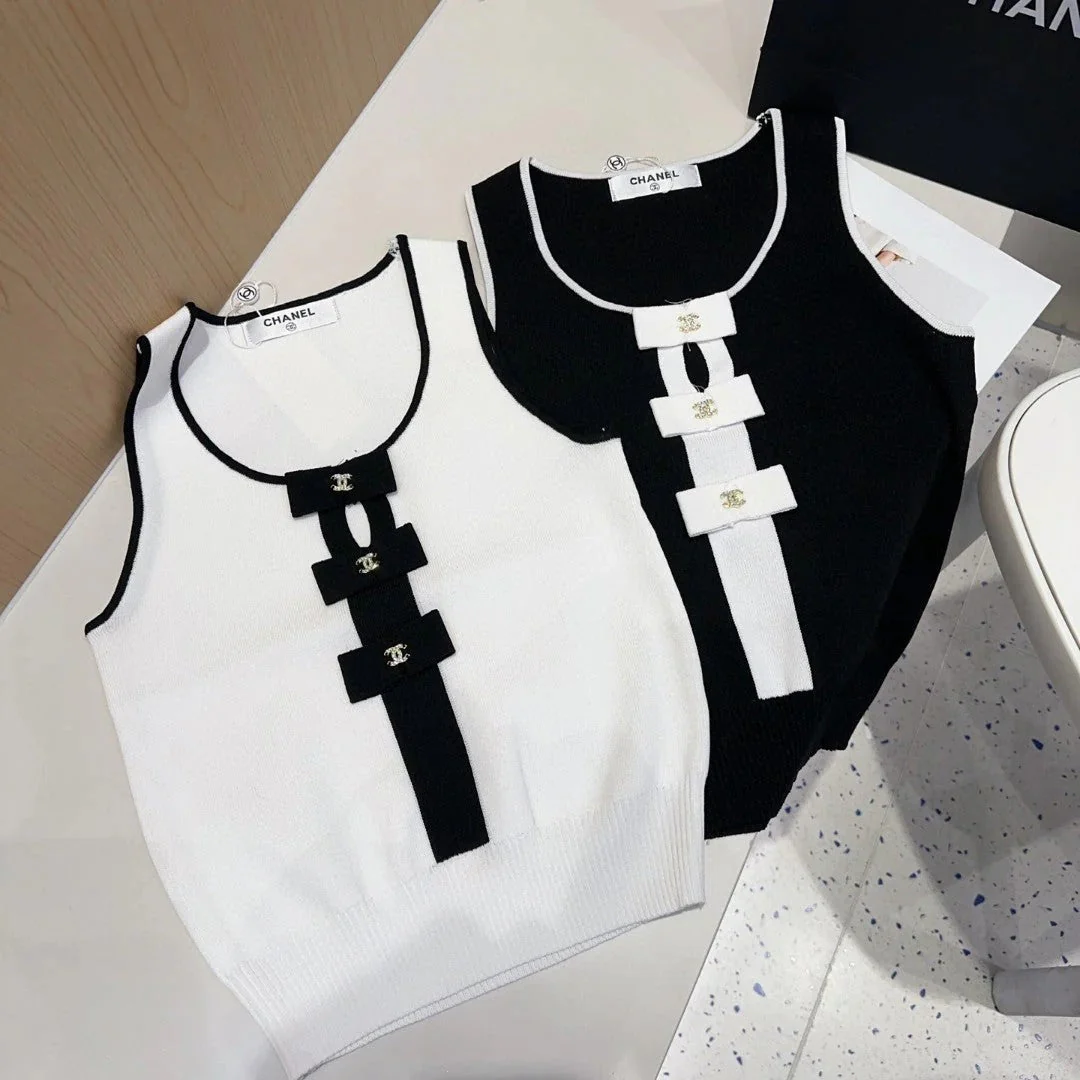 Chanel TANK TOP 610340 IN BLACK COTTON RIBBED WHITE BOW