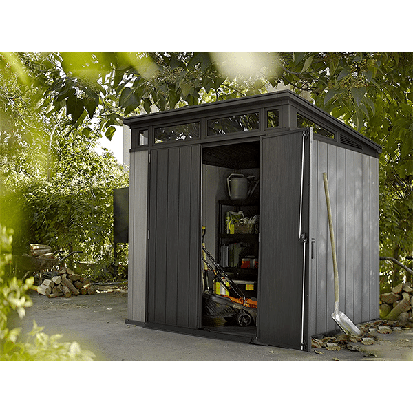 Keter 7×7 ft outdoor shed, modern floor design, suitable for garden furniture lawn mower, tool and bicycle storage, grey