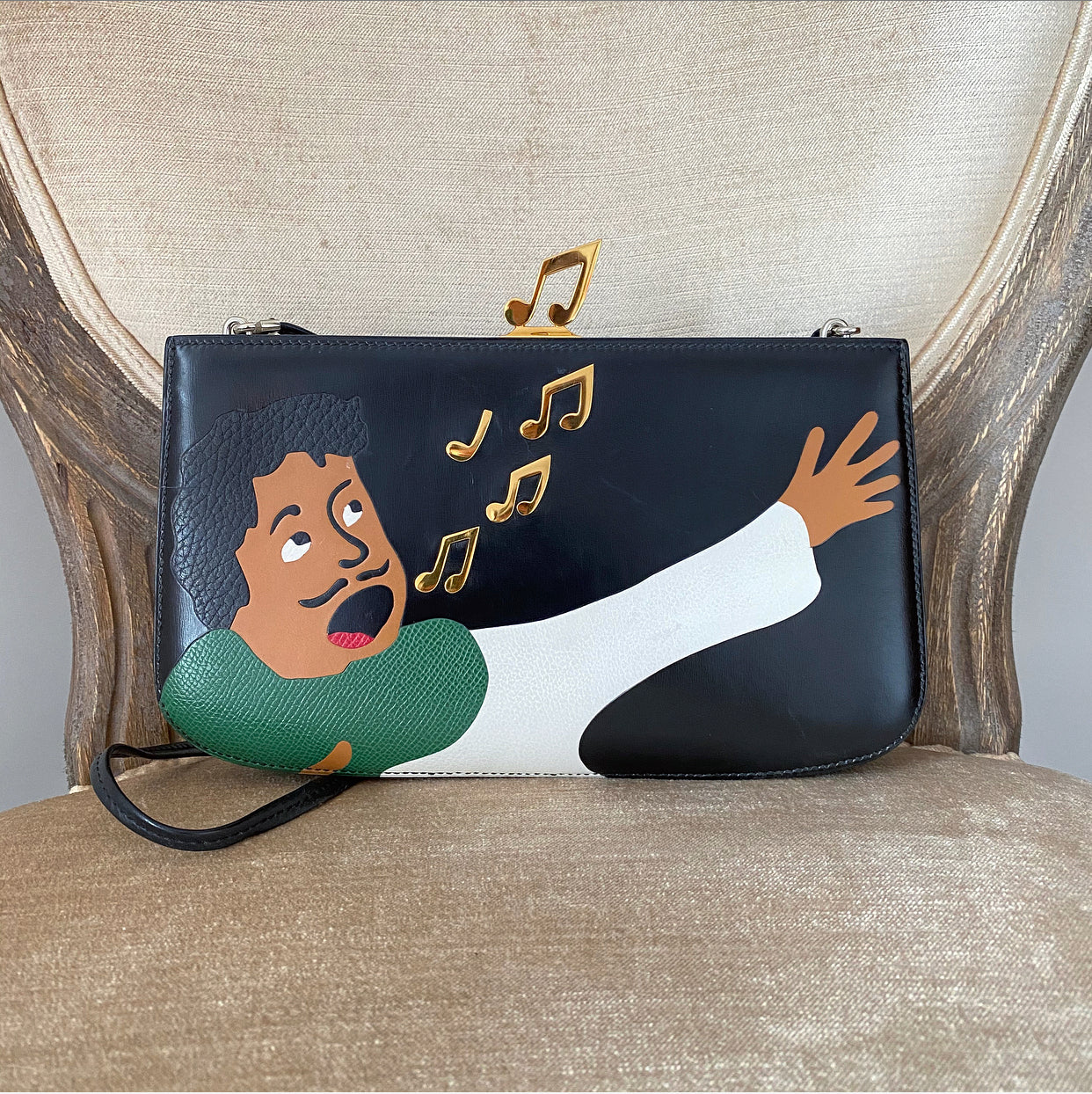 Hermes Vintage 1990 Sac a Malice Black Green Figural Singer Music Bag