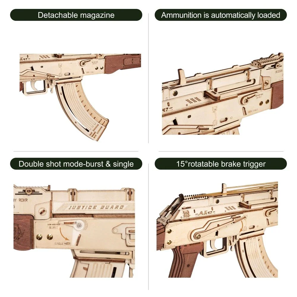 Robotime LQ901 Rokr Automatic Rifle AK-47 3D Wooden Assembly Guntoy Double Firing Modes Funny DIY Toys for Kids Adults Justice Guar - JOYTOY WORLD