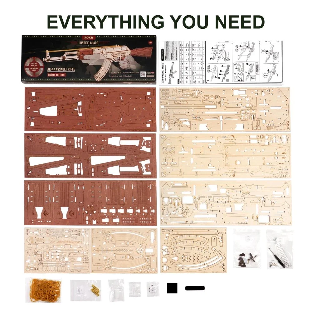 Robotime LQ901 Rokr Automatic Rifle AK-47 3D Wooden Assembly Guntoy Double Firing Modes Funny DIY Toys for Kids Adults Justice Guar - JOYTOY WORLD