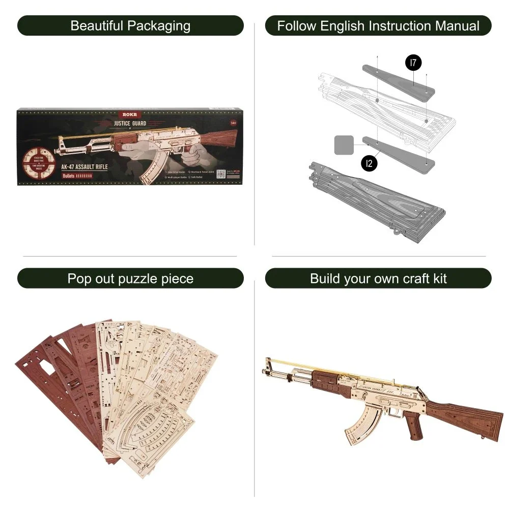 Robotime LQ901 Rokr Automatic Rifle AK-47 3D Wooden Assembly Guntoy Double Firing Modes Funny DIY Toys for Kids Adults Justice Guar - JOYTOY WORLD