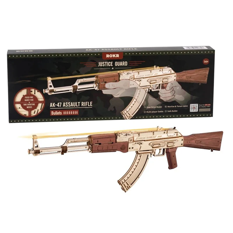 Robotime LQ901 Rokr Automatic Rifle AK-47 3D Wooden Assembly Guntoy Double Firing Modes Funny DIY Toys for Kids Adults Justice Guar - JOYTOY WORLD