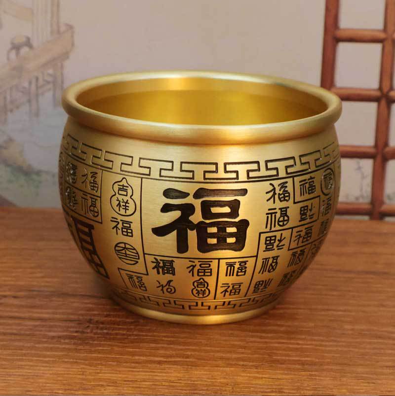 Recruiting wealth and wealth, Baifu copper cylinder, brass rice cylinder, treasure pot decoration