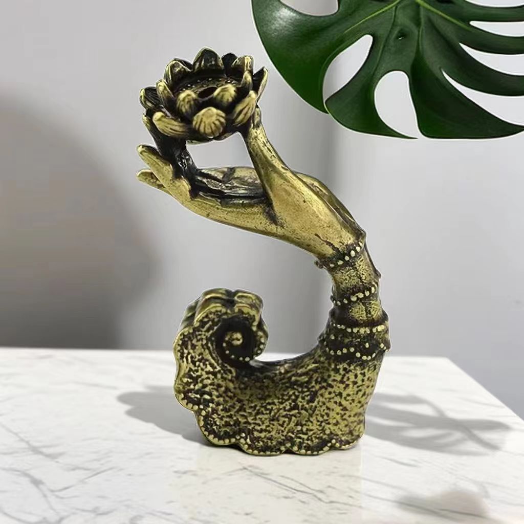 Vintage brass decoration Buddha hand reverse flow incense stick pure copper lotus incense stick