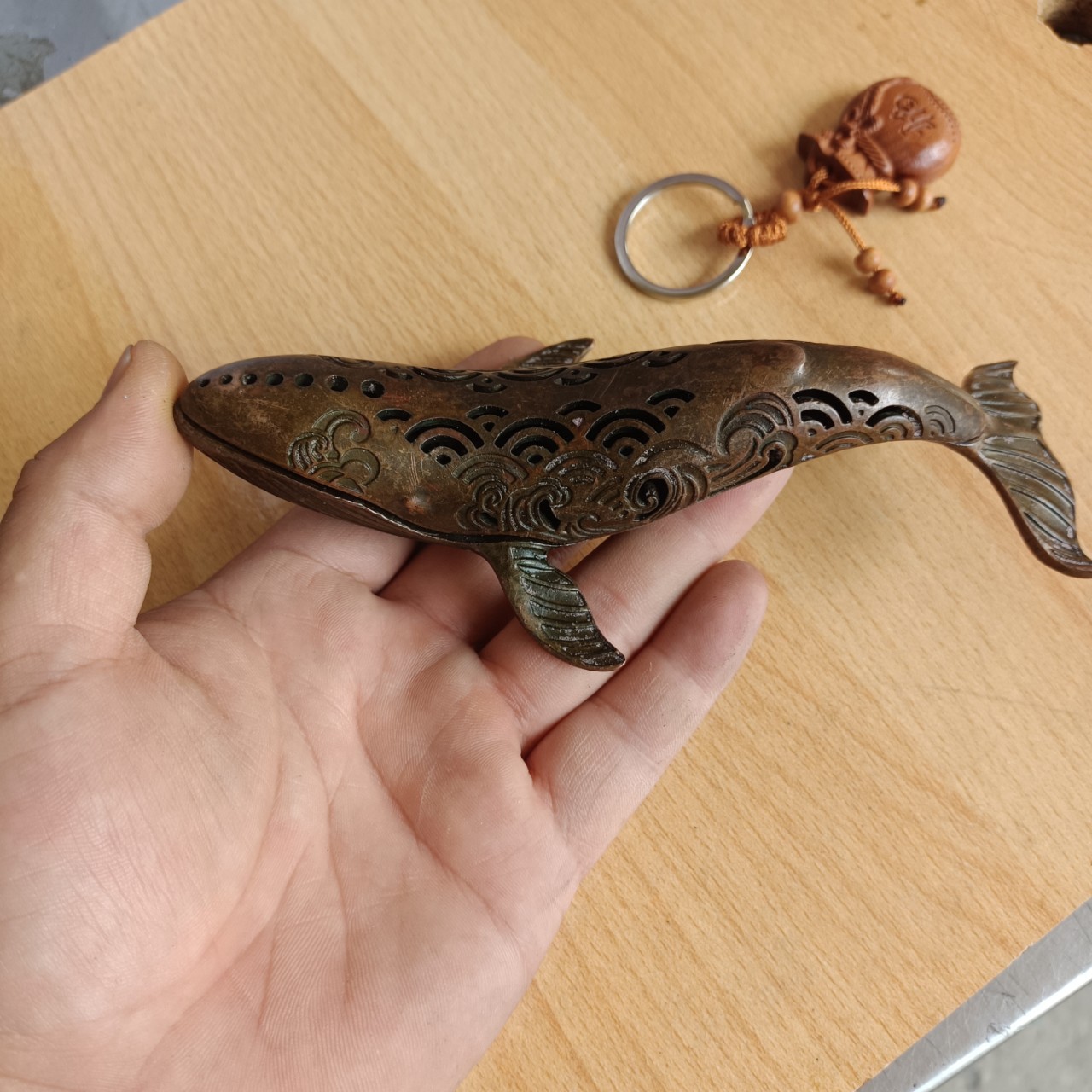 Old copper whale incense burner incense casting line home small whale decoration