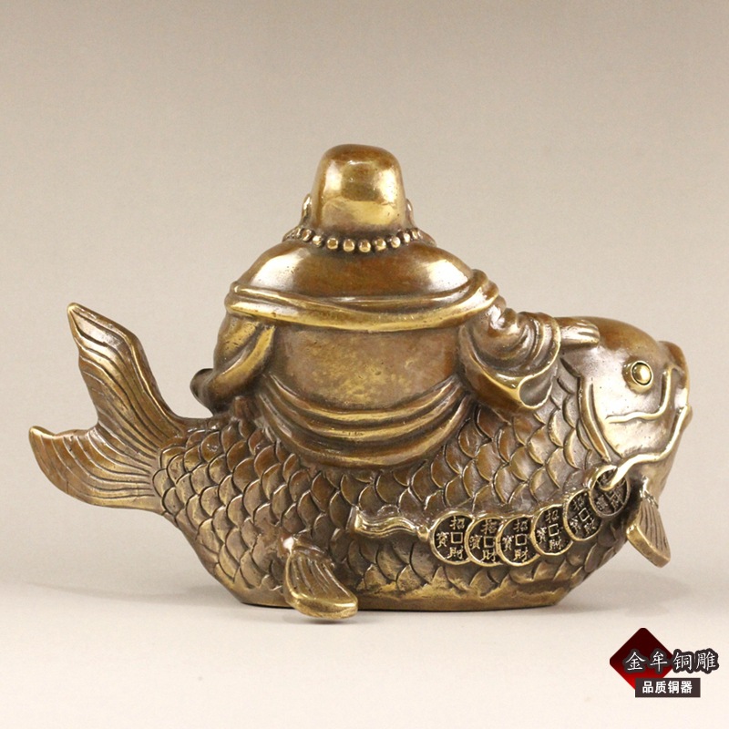 Pure brass fish riding Maitreya Buddha ornament, copper Maitreya Buddha smiling Buddha