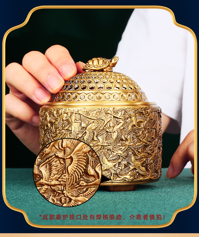 9cm brass Thousand Crane Incense Burner Home Turtle Crane Yannian