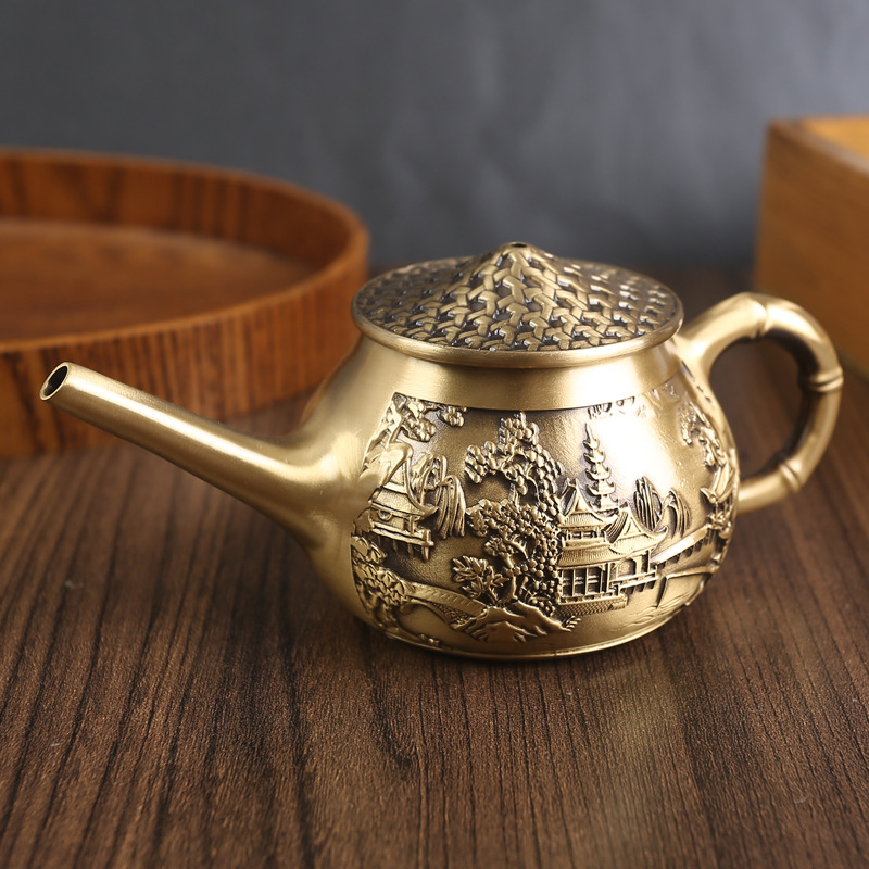 Brass long mouthed landscape pavilion teapot decoration tea set tea table