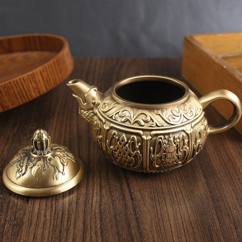 Brass Fish Mouth Teapot Office Living Room Tea Table Tea Set Pure Copper Ornament