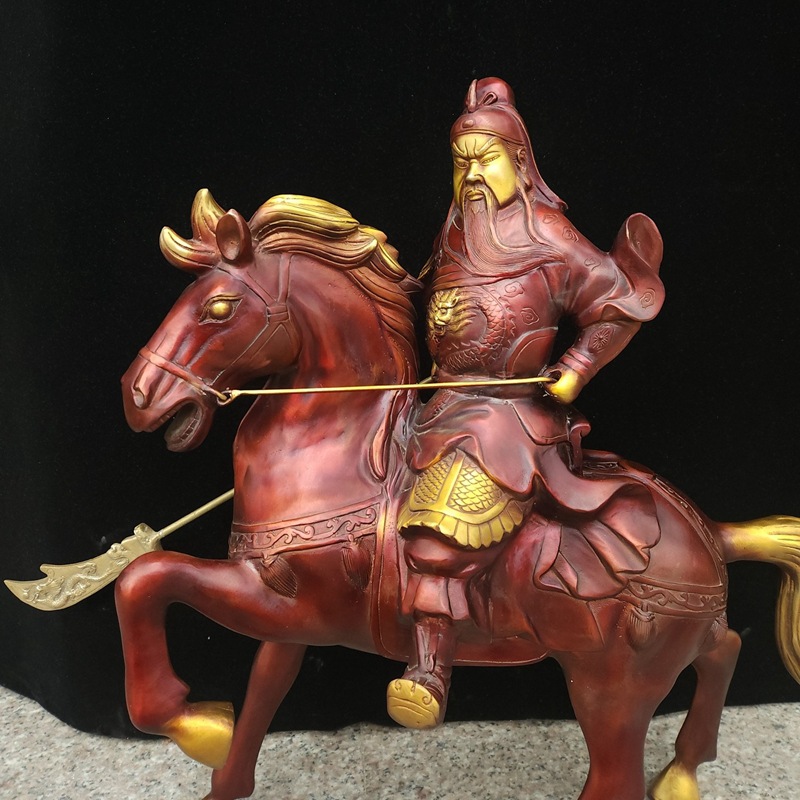 Copper painted bronze statue of Guan Gong riding a horse
